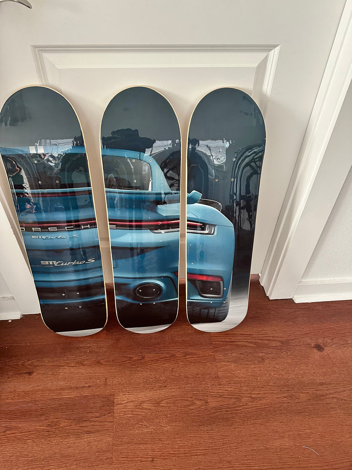 Blue Porsche Performance Car 3-Piece Skateboard Wall Art | By Dessy Made It | For Porsche & Automotive Spaces