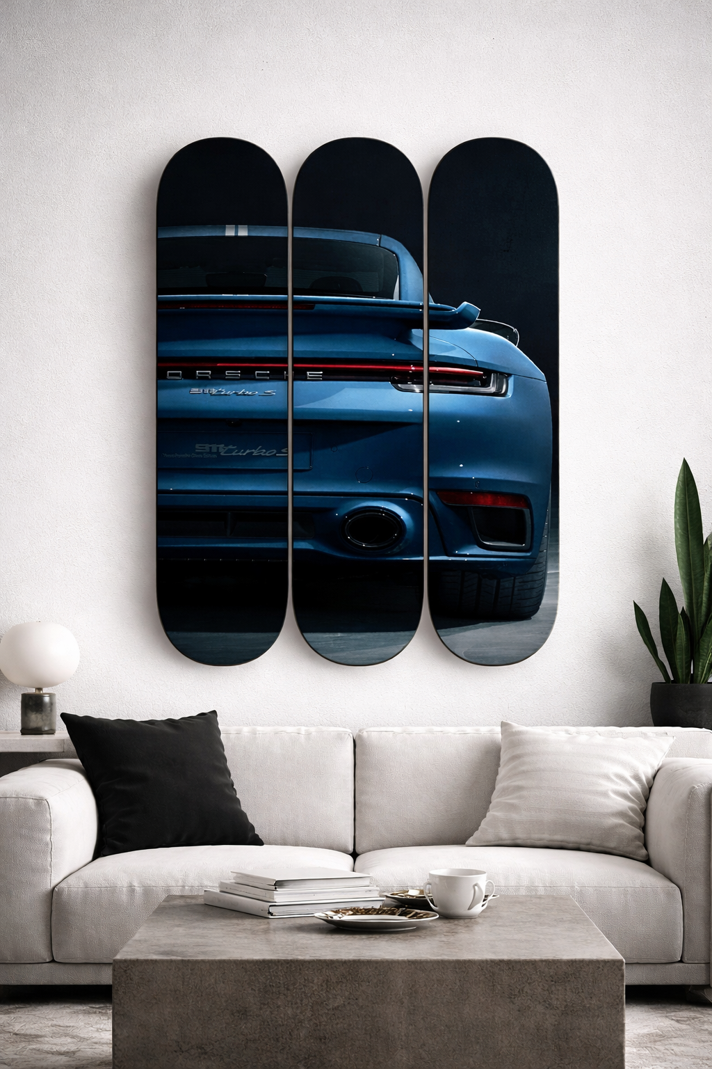 Blue Porsche Performance Car 3-Piece Skateboard Wall Art | By Dessy Made It | For Porsche & Automotive Spaces