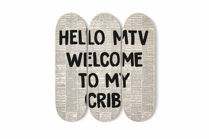Hello MTV Welcome to My Crib 3-Piece Skateboard Wall Art | By Dessy Made It | For Pop Culture & Street-Style Spaces