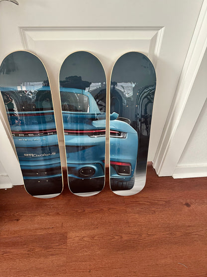 Blue Porsche Performance Car 3-Piece Skateboard Wall Art | By Dessy Made It | For Porsche & Automotive Spaces