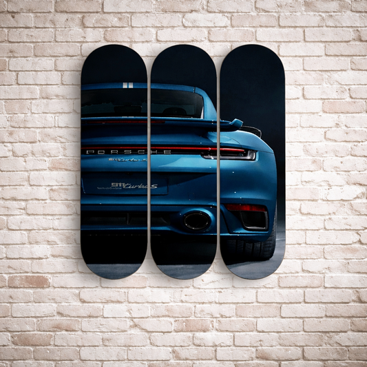 Blue Porsche Performance Car 3-Piece Skateboard Wall Art | By Dessy Made It | For Porsche & Automotive Spaces