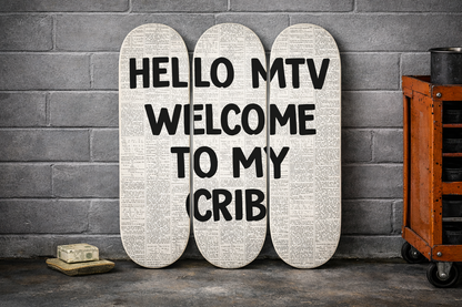 Hello MTV Welcome to My Crib 3-Piece Skateboard Wall Art | By Dessy Made It | For Pop Culture & Street-Style Spaces